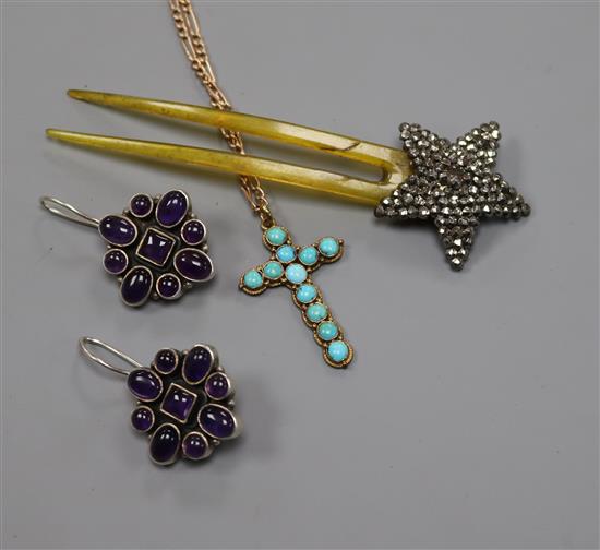 An early 20th century yellow metal and turquoise cross pendant on 9ct gold chain, a par of silver and amethyst cluster earrings etc.